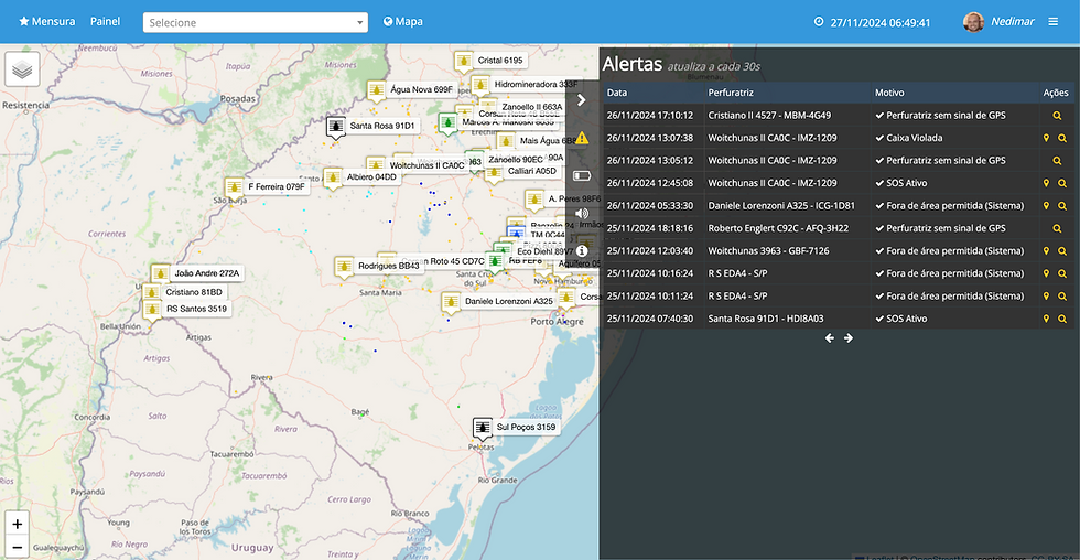 Mapa da plataforma Poços com alertas de perfuratrizes